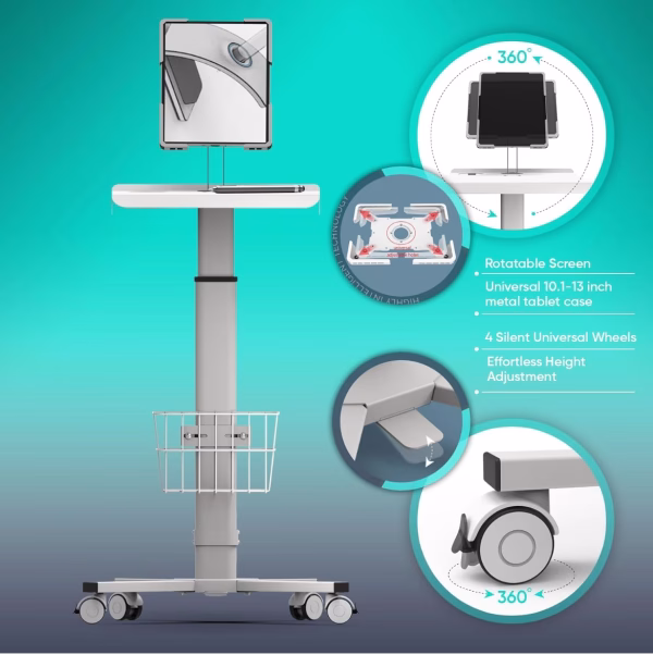 TMount Adjustable Rolling Medical Cart: Pneumatic Mobile Workstation with iPad Enclosure for 9.7-13" iPad and Tablet - Ideal for Hospital Dental Clinic Office - Image 3