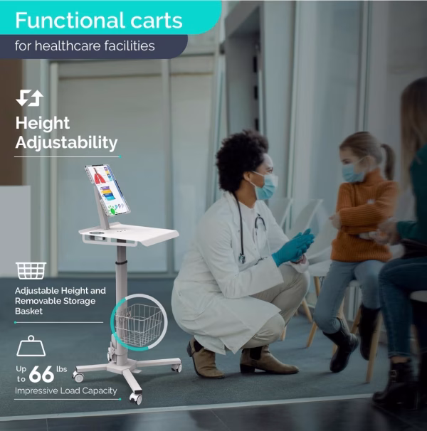 TMount Adjustable Rolling Medical Cart: Pneumatic Mobile Workstation with iPad Enclosure for 9.7-13" iPad and Tablet - Ideal for Hospital Dental Clinic Office - Image 2