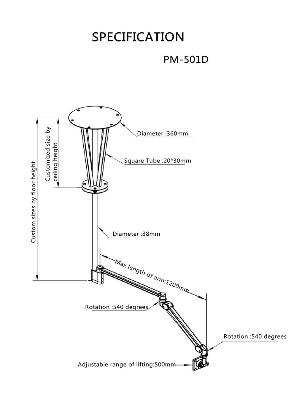 Medical Ceiling Mounted Monitor Mount-TranquilMount PM-501D
